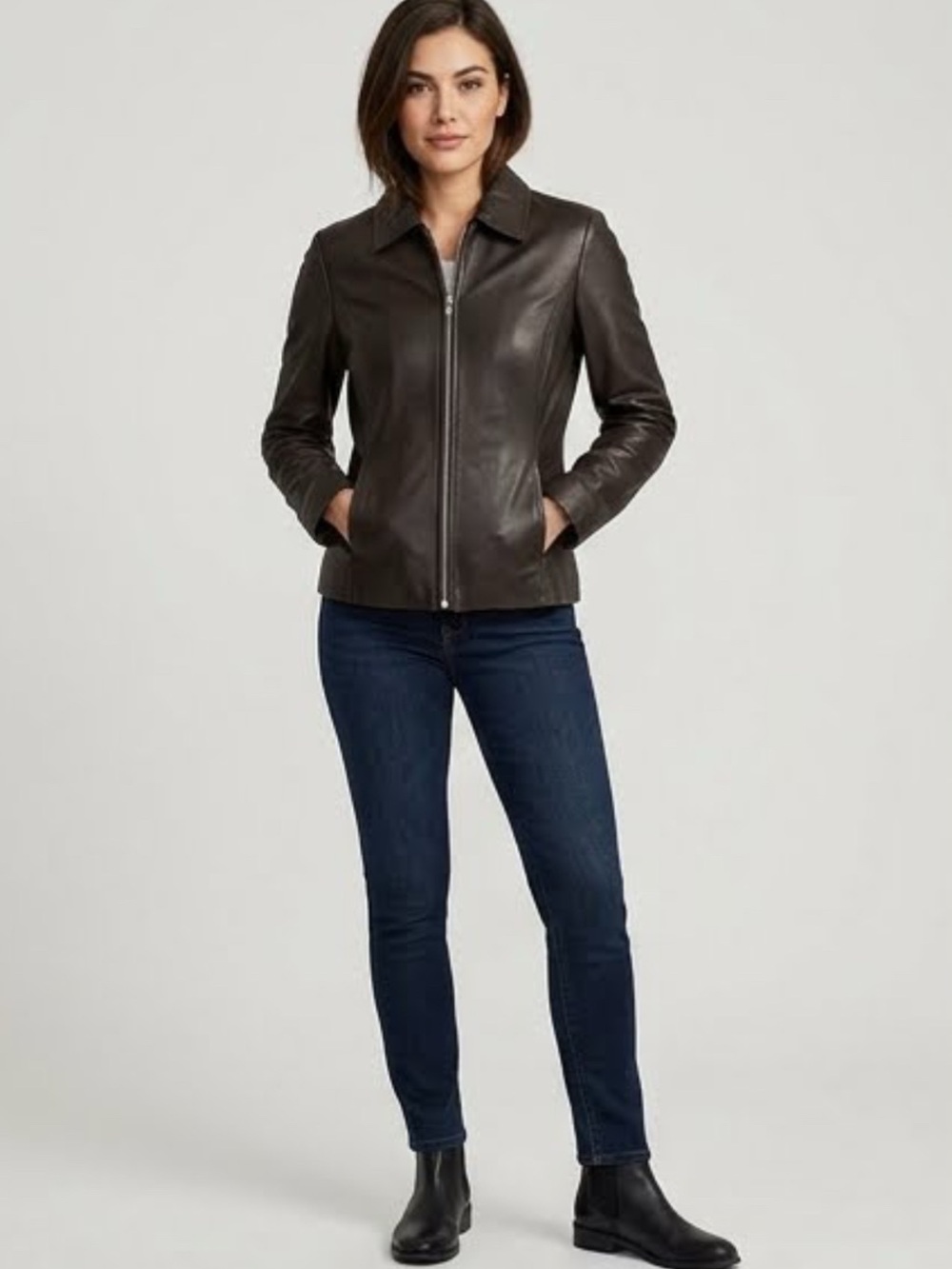 Alfani Petite Vintage Dark Brown Leather Zip Up Jacket M Fully Lined